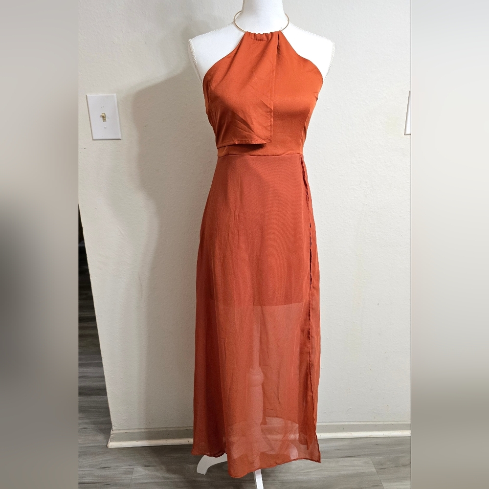 Orange Maxi A-Line Skirt with Slit